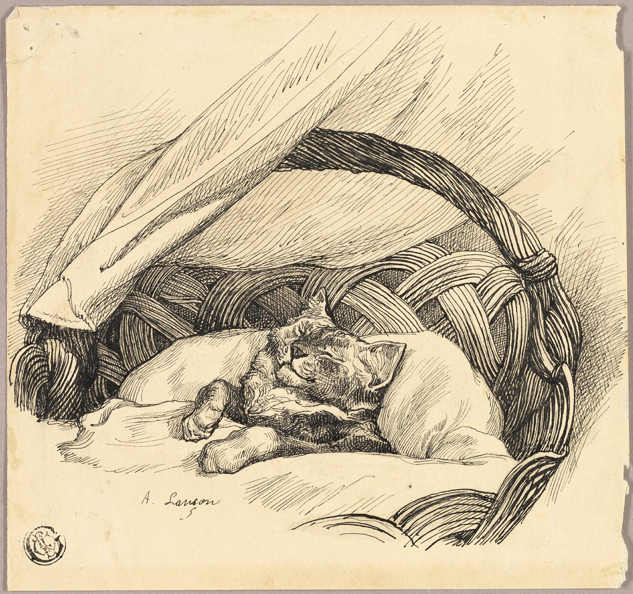 Slapende kat in mand door Auguste Andre Lancon