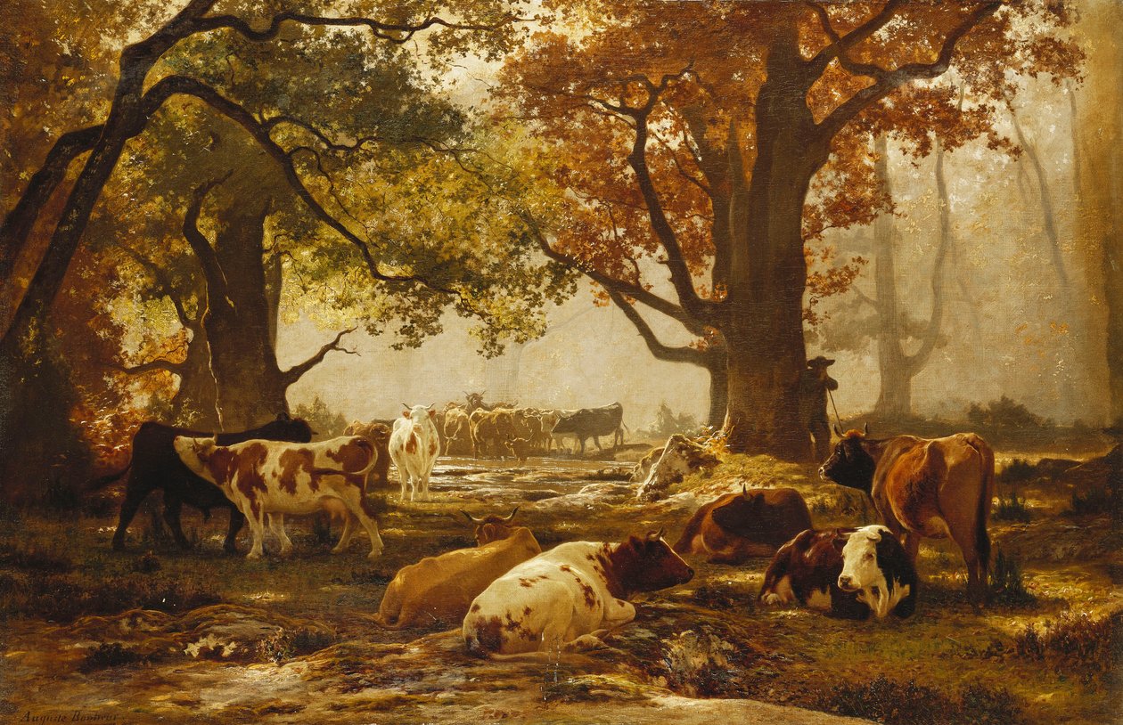 Vee in een bebost rivierlandschap door Auguste Francois Bonheur