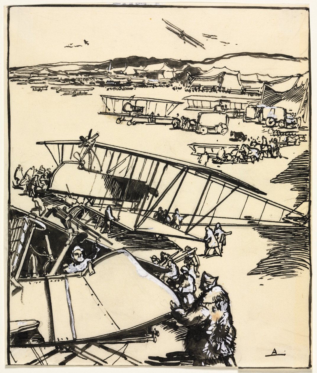 Vliegtuigen rustend op het veld (recto) door Auguste Louis Lepère