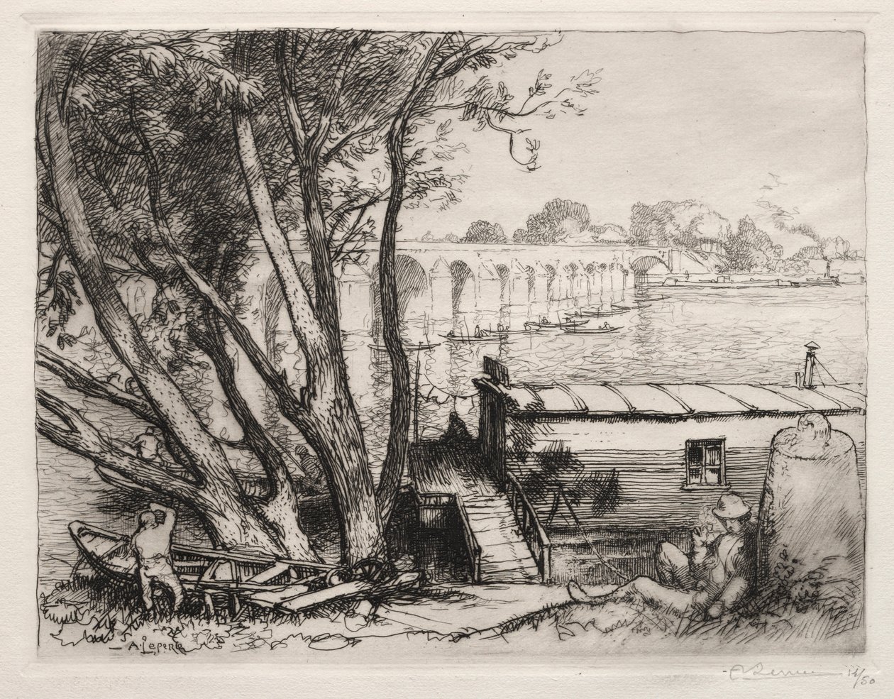 Le Pont de Poissy, 1917 door Auguste Louis Lepère