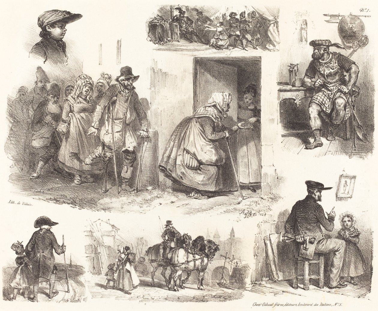 Acht vignetten van genre-incidenten door Auguste Raffet