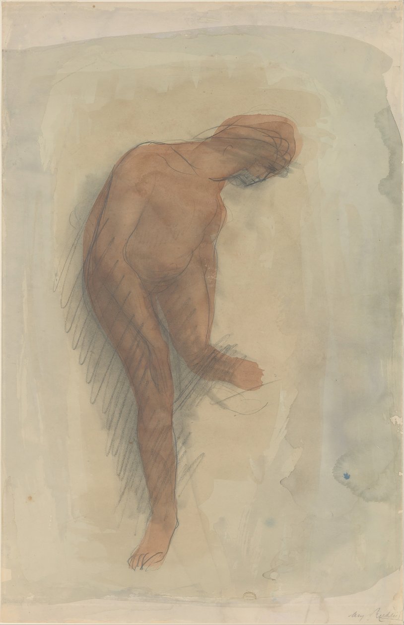 Naakte vrouwelijke figuur die linkervoet vasthoudt, 1900-1912 door Auguste Rodin