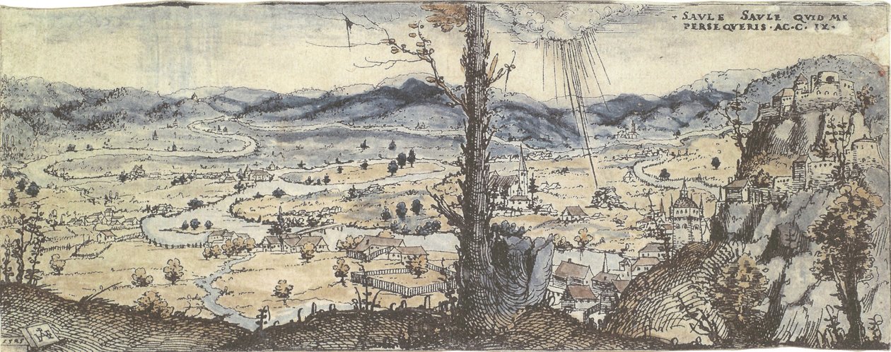 Uitgestrekt landschap met een rivier. In de verte de Bekering van Paulus door Augustin Hirschvogel
