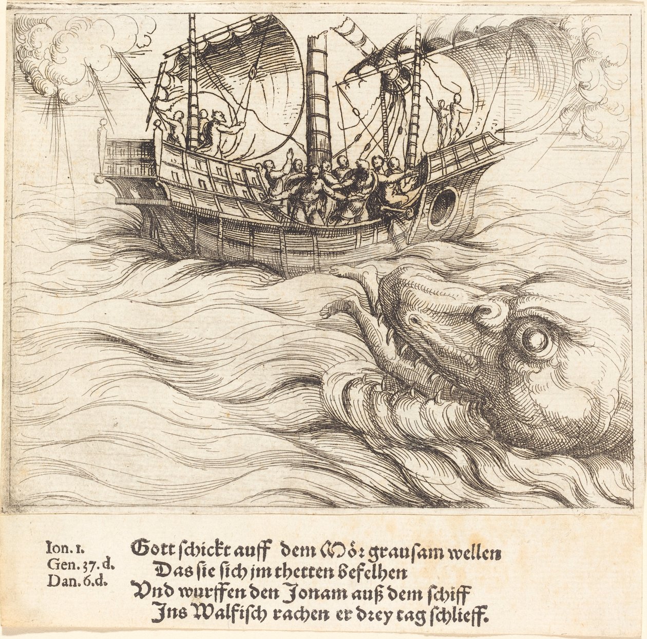 Jona in de walvis door Augustin Hirschvogel