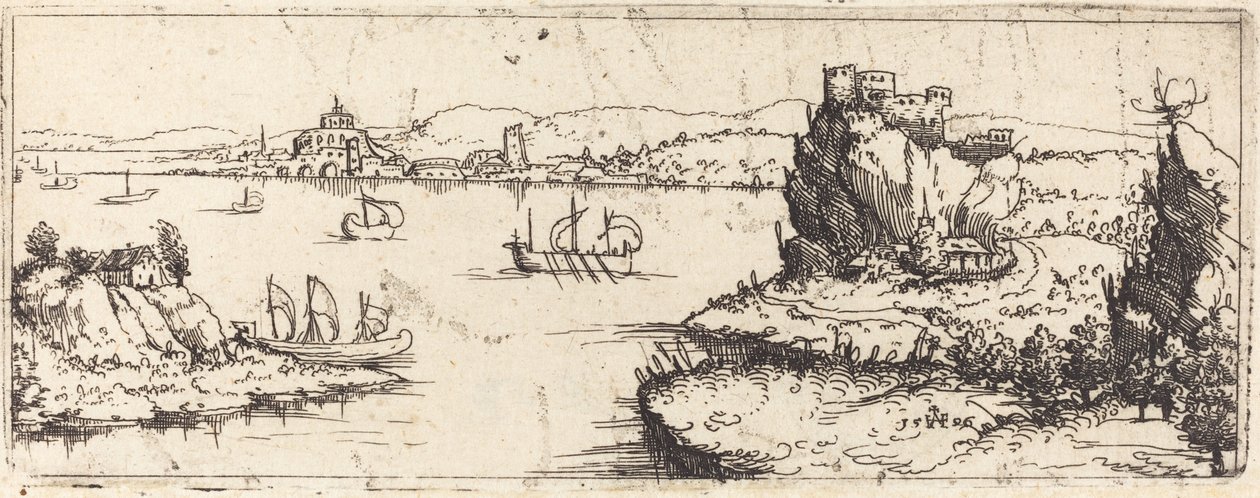 Landschap met zeilboten [onderste plaat] door Augustin Hirschvogel