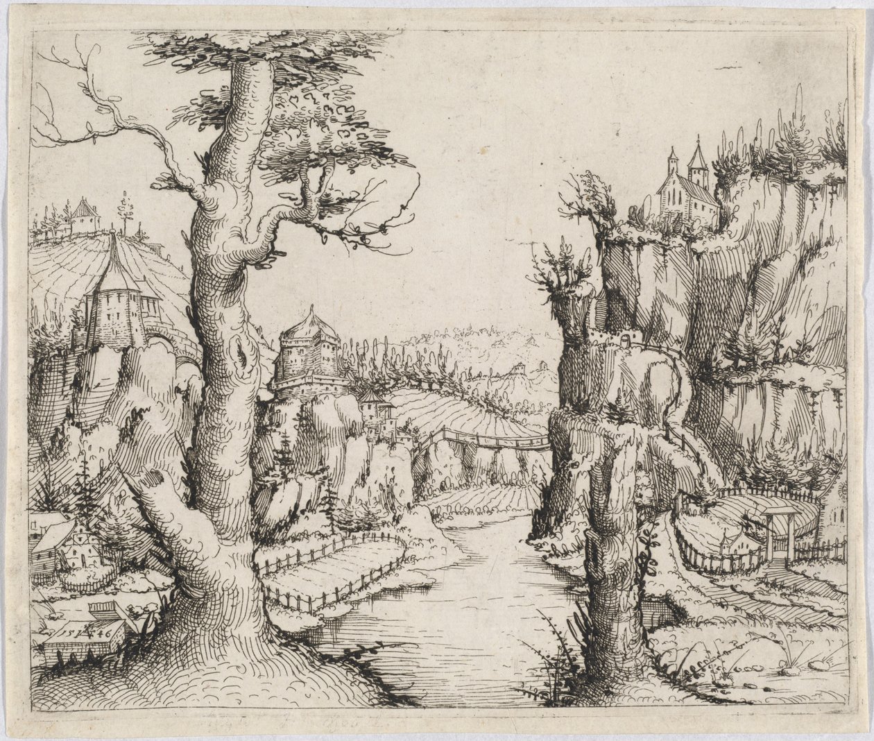 Rivierlandschap met hoge kliffen, 1546 door Augustin Hirschvogel