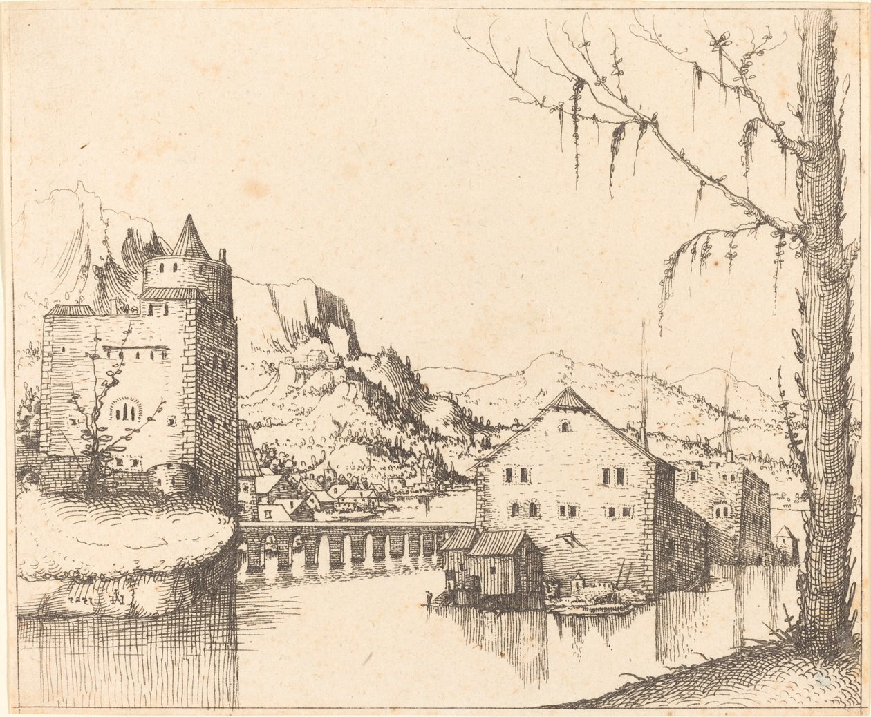 Rivierlandschap met eilandhuizen door Augustin Hirschvogel