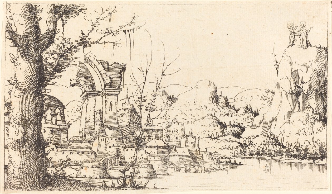 Rivierlandschap met de Verleiding van Christus door Augustin Hirschvogel