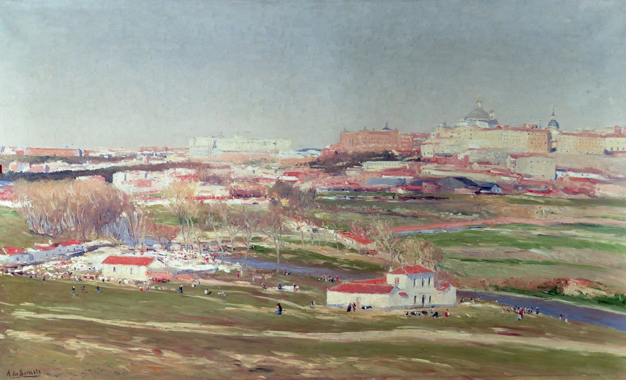 Pradera de San Isidro en Palacio Real daarachter, Madrid door Aureliano de Beruete