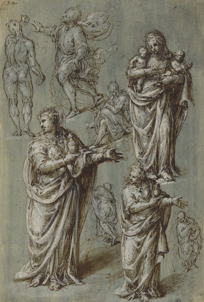 Blad met studies van verschillende figuren door Aurelio Luini