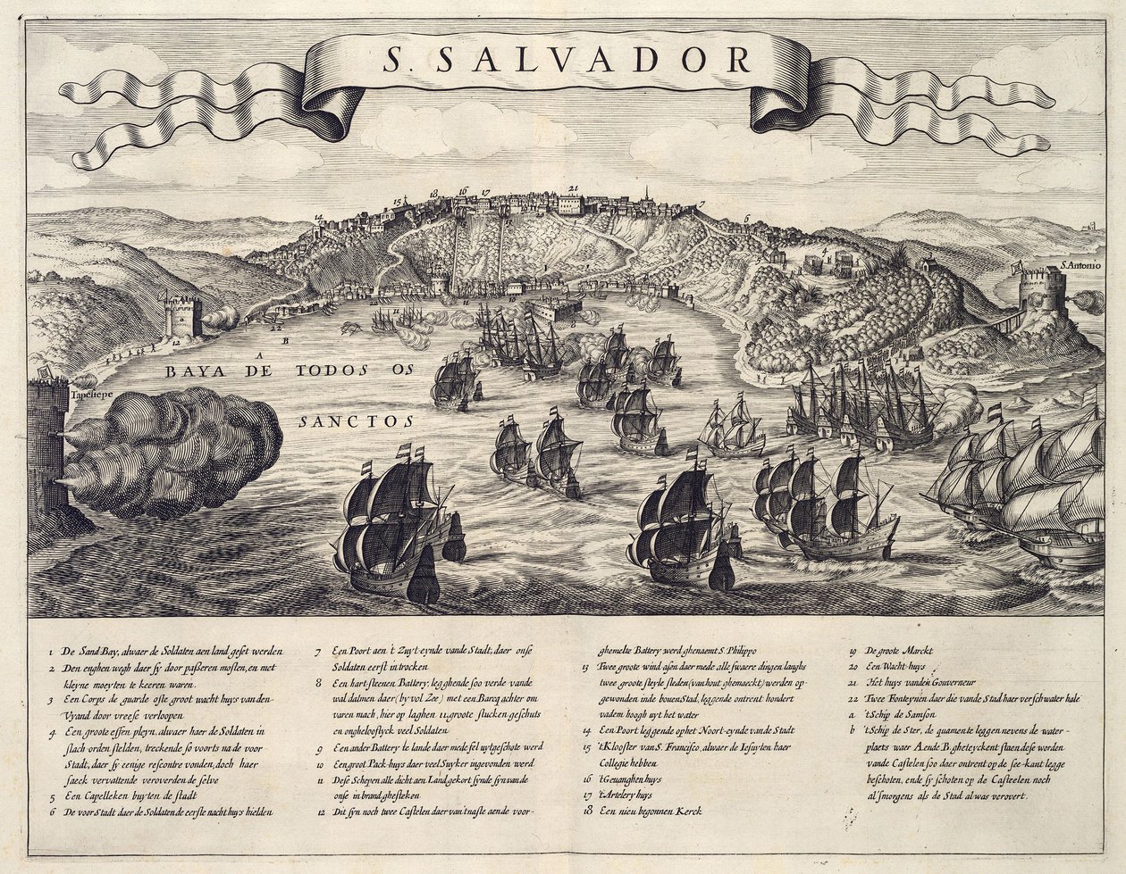 Gezicht op de slag om stad San Salvador in de Allerheiligenbaai tussen Nederlanders en Portugezen in 1624 door B. Elsevier