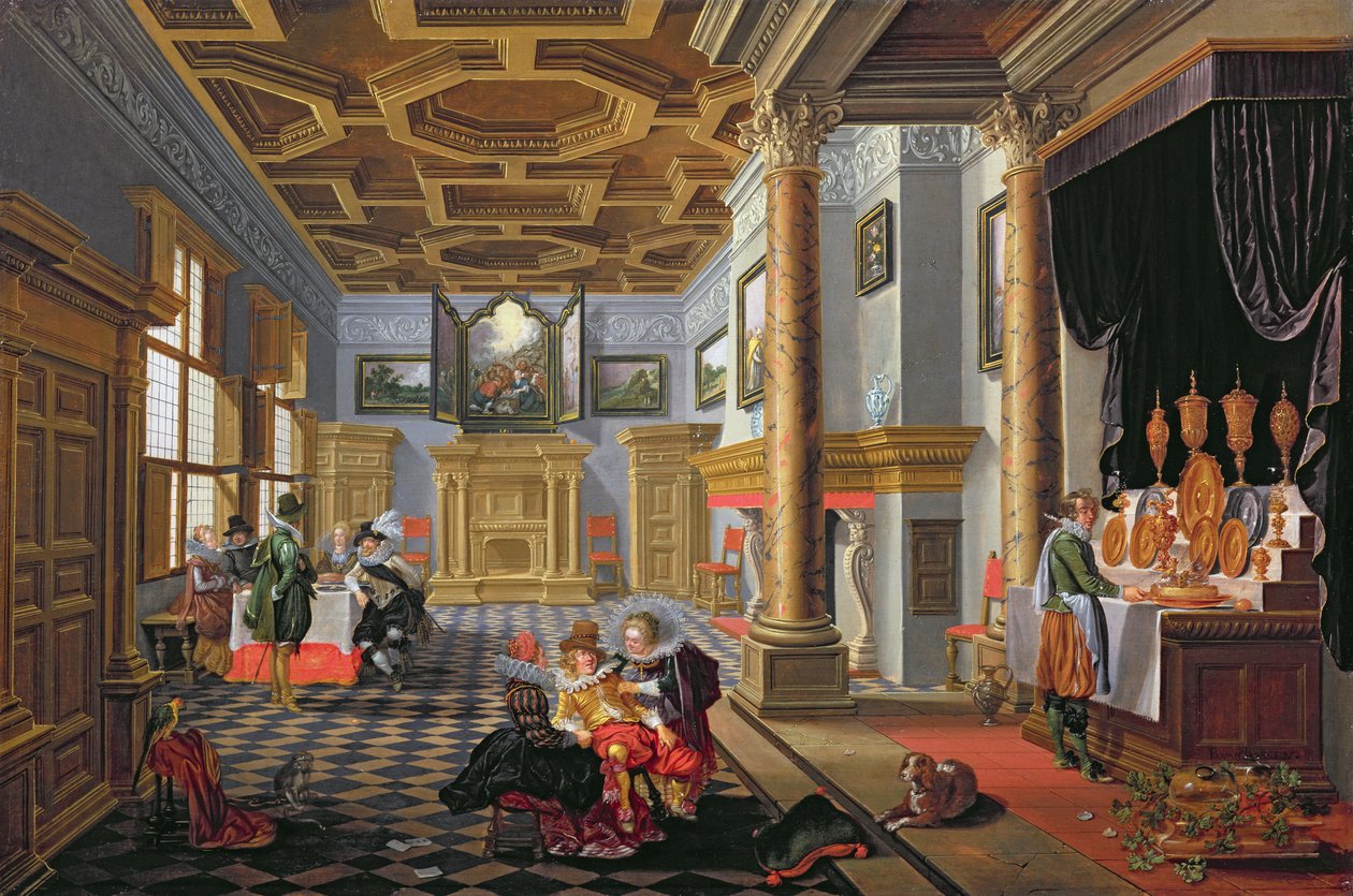 Elegante Figuren dineren in een Hofinterieur door B. van and Velde, E. van de Bassen