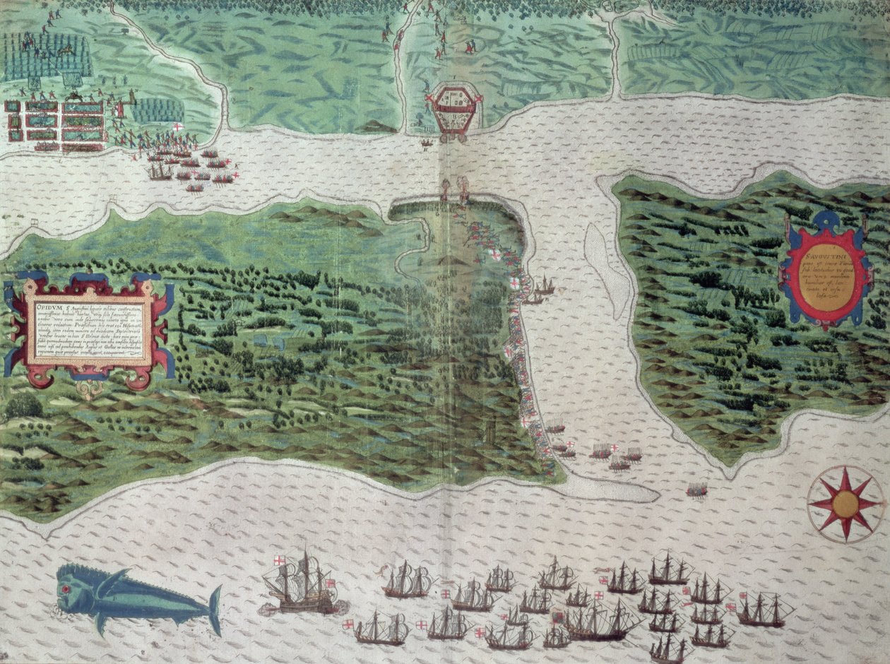 Kaart die de vernietiging van de Spaanse kolonie St. Augustine in Florida op 7 juli 1586 door de Engelse vloot onder bevel van Sir Francis Drake (1540-96) toont, 1589 door Baptista Boazio