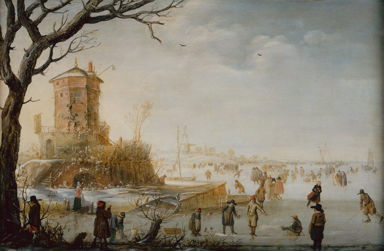 Winterlandschap met schaatsers door Barent Avercamp