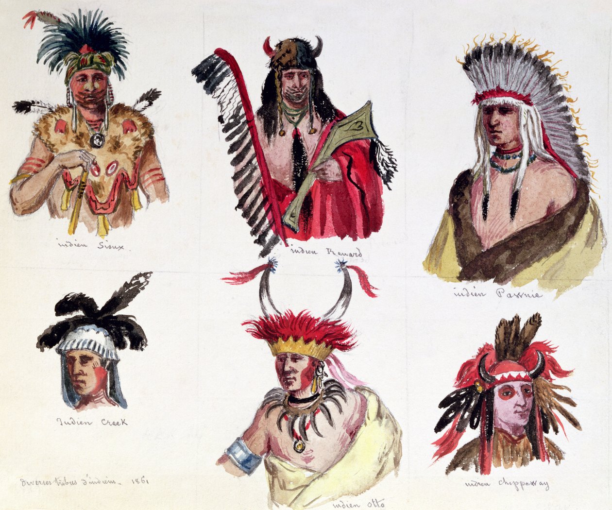 Portretten van zes Amerikaanse Indianen uit de Sioux, Renard, Pawnee, Creek, Otto en Chippewa stammen, 1861 door Maurice Sand