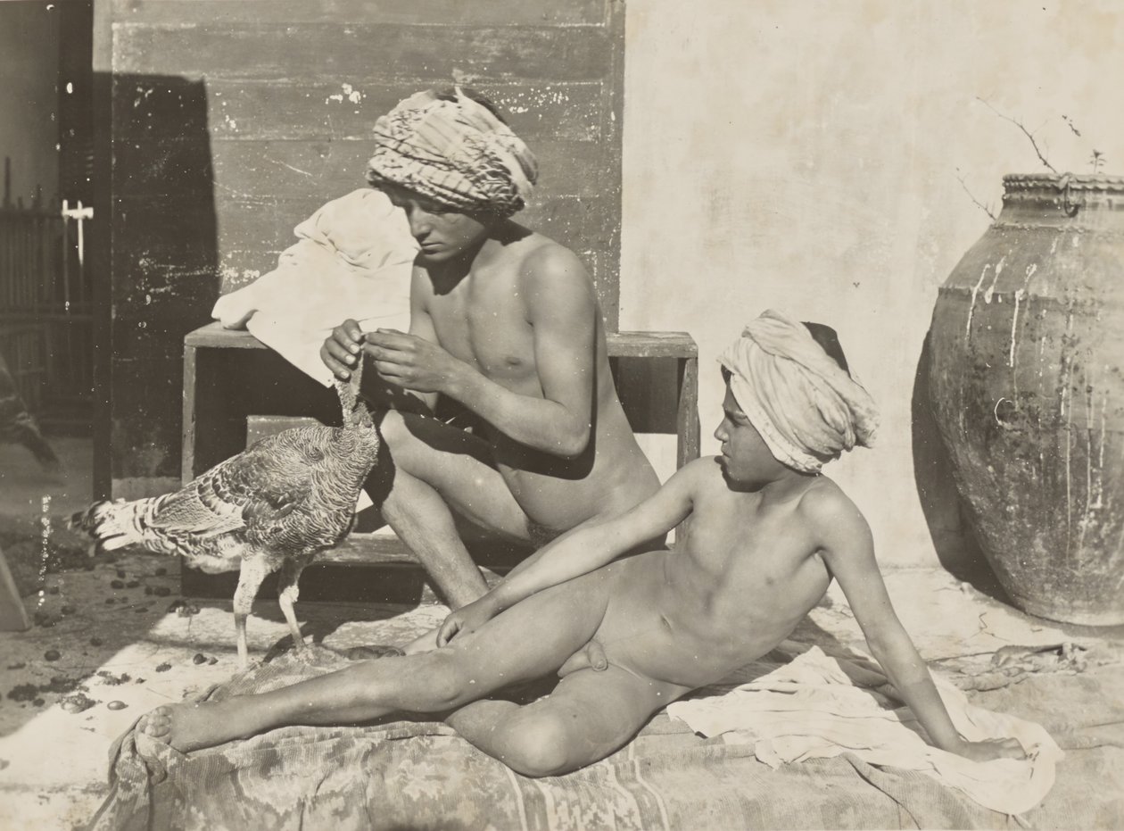 [Twee naakte jongeren met kalkoen]. door Baron Wilhelm von Gloeden
