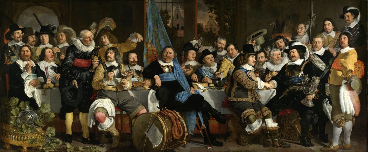 De viering van de vrede van Münster, 18 juni 1648, in het hoofdkwartier van de kruisboogschutters (Sint-Joriswacht), Amsterdam door Bartholomeus van der Helst
