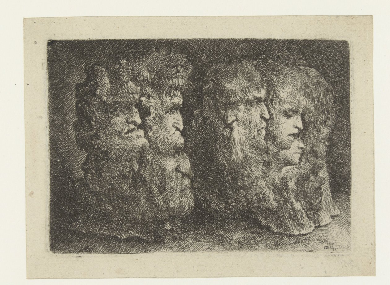 Verschillende koppen van mannen, dieren en mascarons door Bartholomeus Breenbergh
