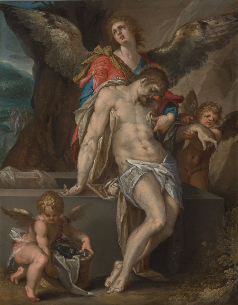 Engelen dragen het lichaam van Christus (Engelenpietà) door Bartholomeus Spranger