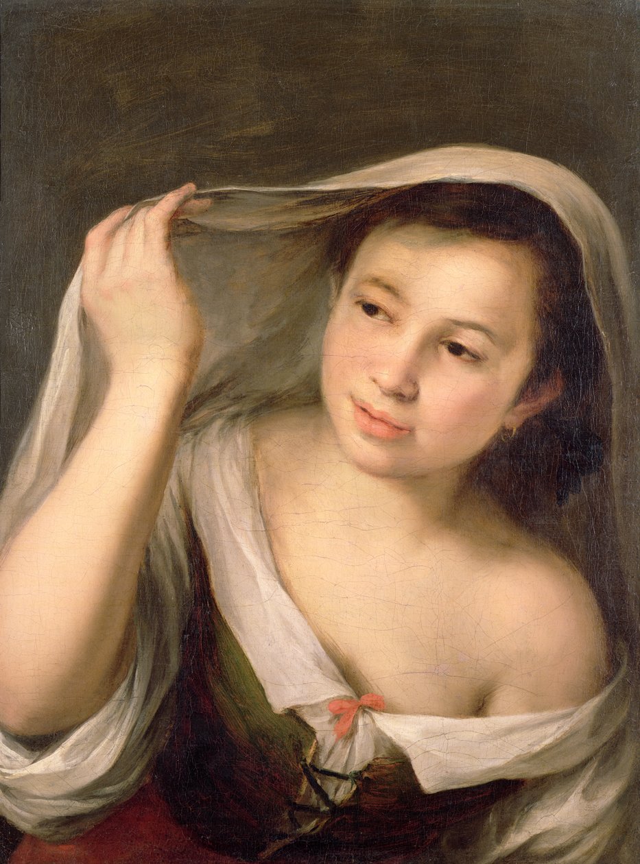 Een Jong Meisje die haar Sluier Optilt door Bartolomé Esteban Murillo