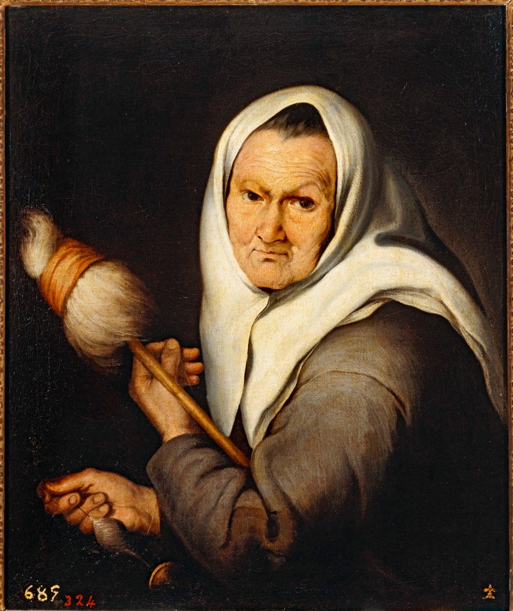 Oude vrouw weeft ... (olieverf op doek) door Bartolomé Esteban Murillo
