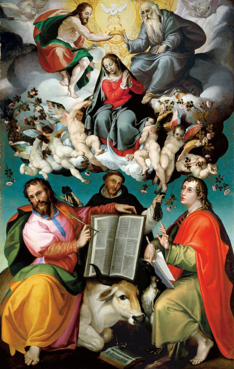 De Kroning van de Maagd met Heiligen Lucas, Dominicus en Johannes de Evangelist door Bartolomeo Passarotti