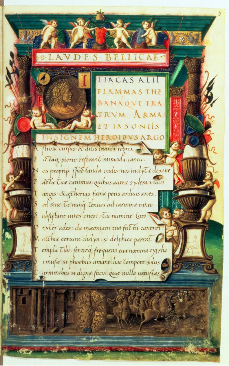 Presentatiemanuscript voor Matthias Corvinus, uit Laudes Bellicae door Alexander Cortesius, Rome, c.1480-90 door Bartolomeo Sanvito
