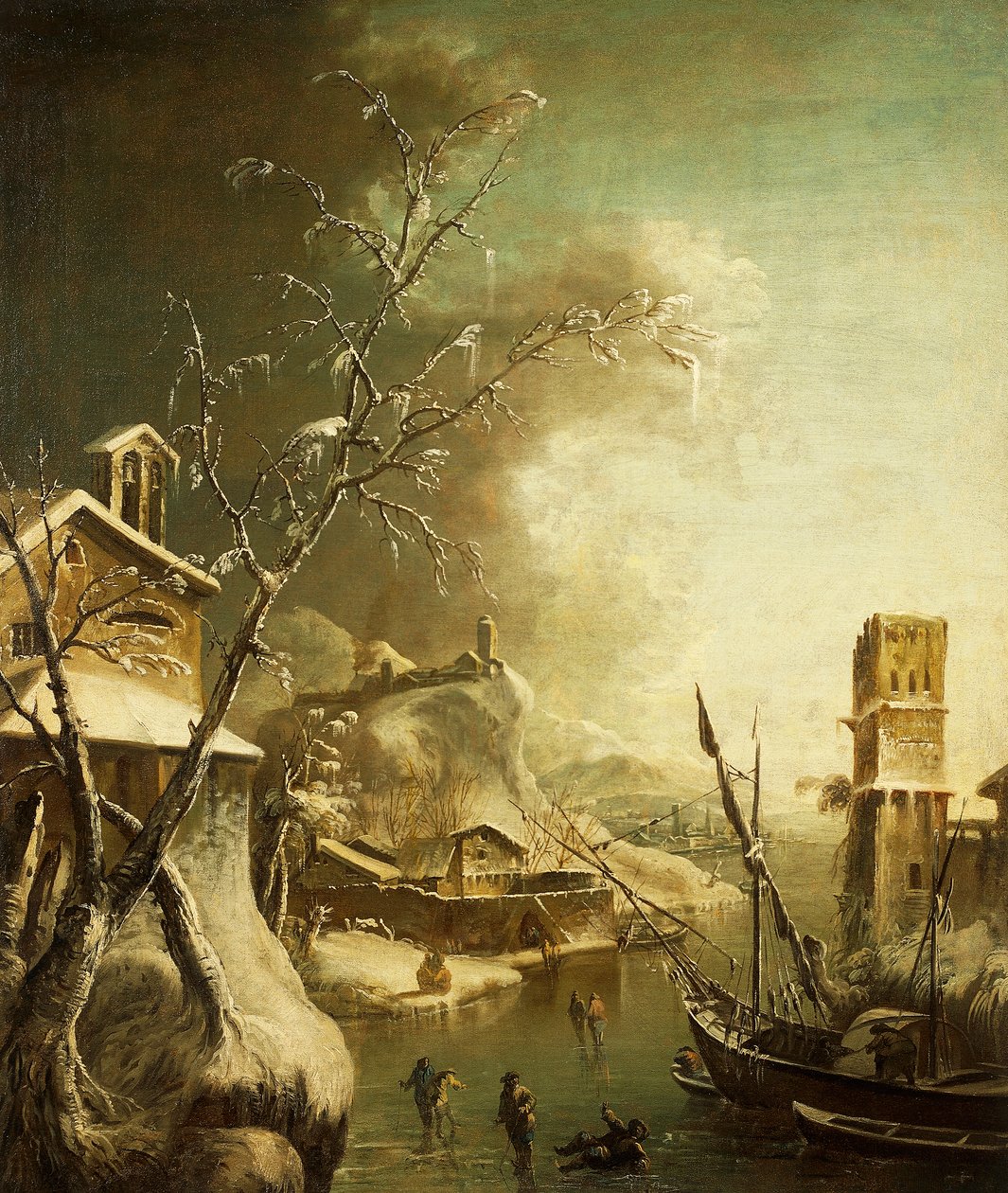 Winterlandschap, door Bartolomeo Pedone (1665-1733) door Bartolomeo Pedone