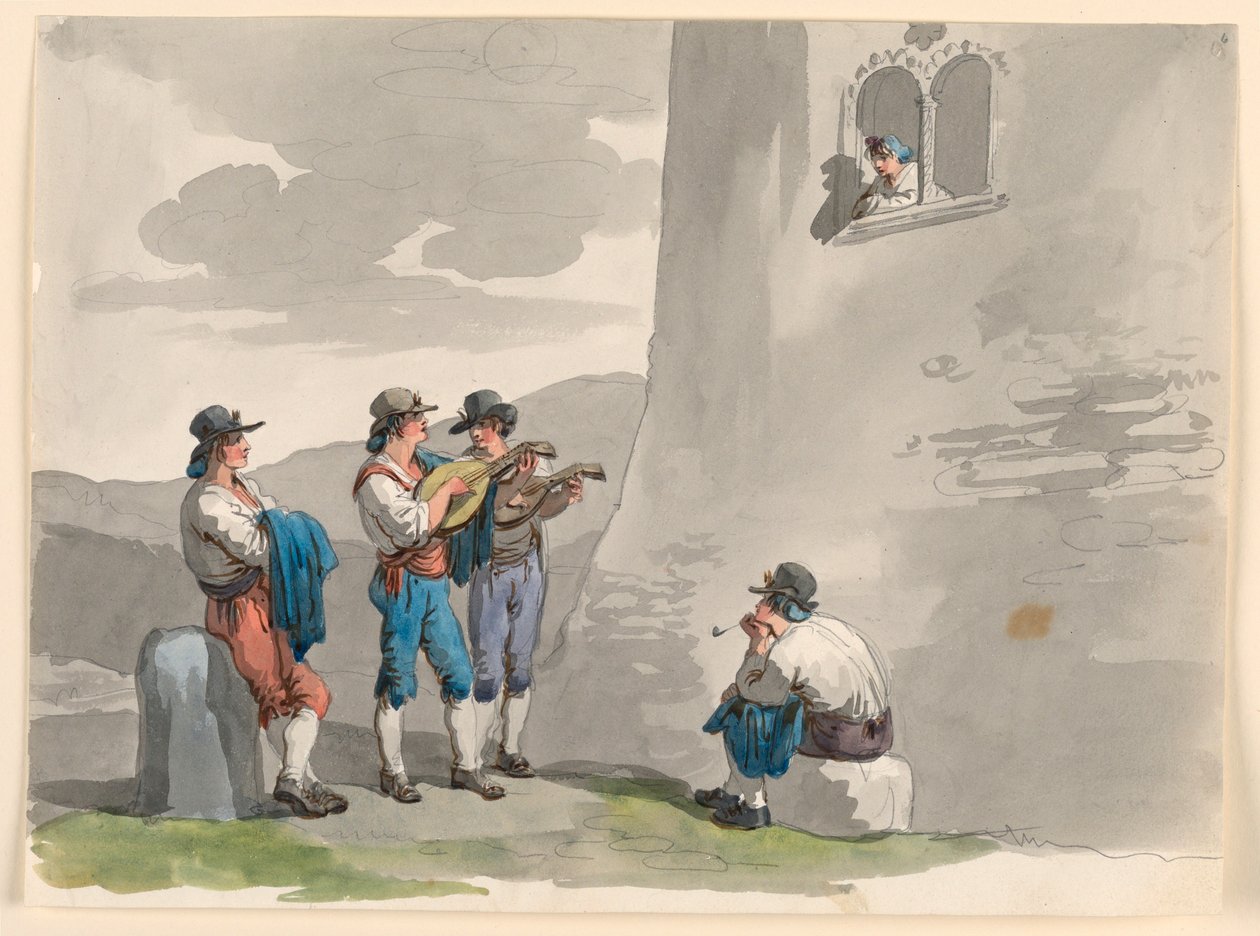 Tekening, De Serenade, 1807-08 door Bartolomeo Pinelli