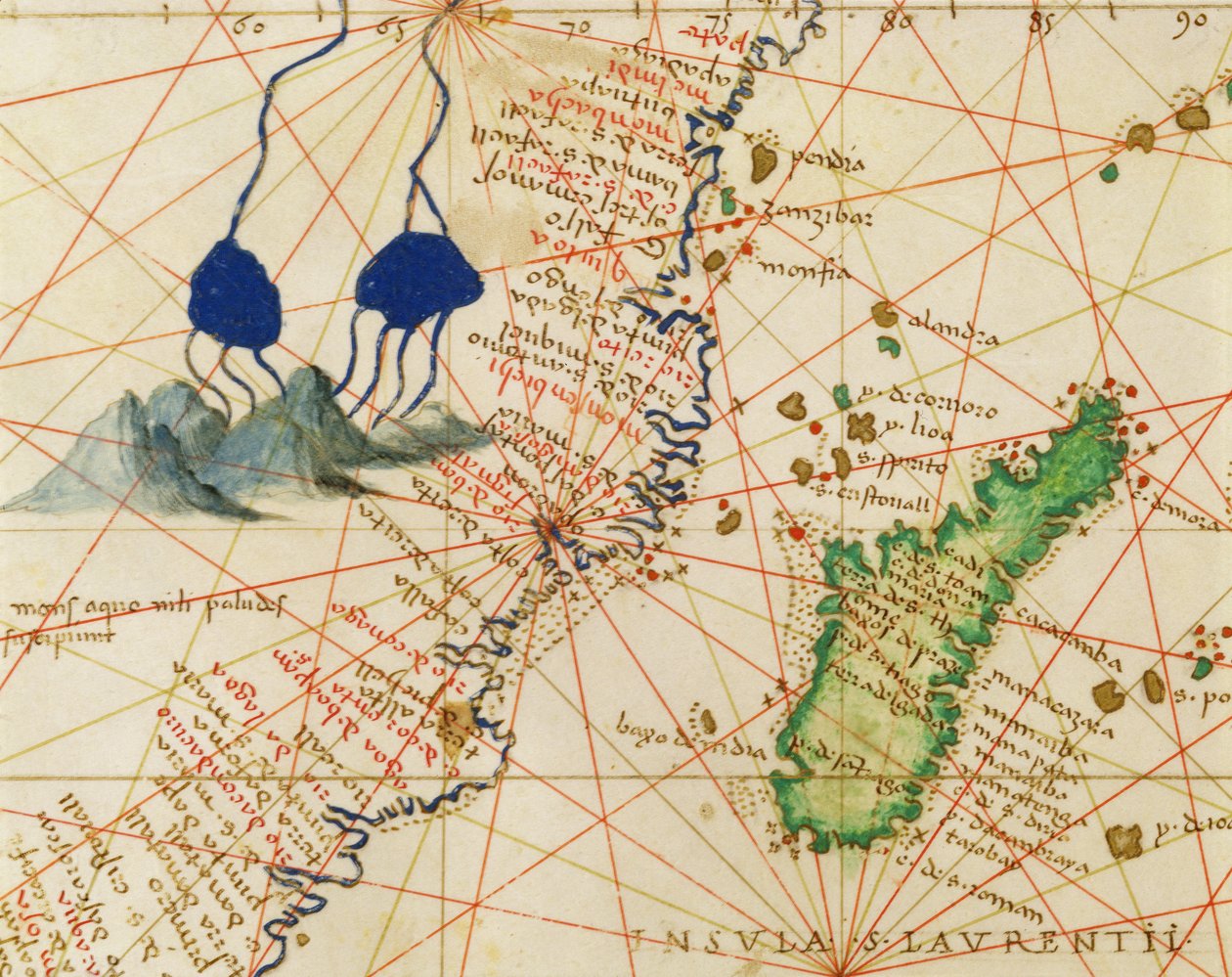 Madagaskar, uit een Atlas van de Wereld in 33 kaarten, Venetië, 1 september 1553 (detail) door Battista Agnese