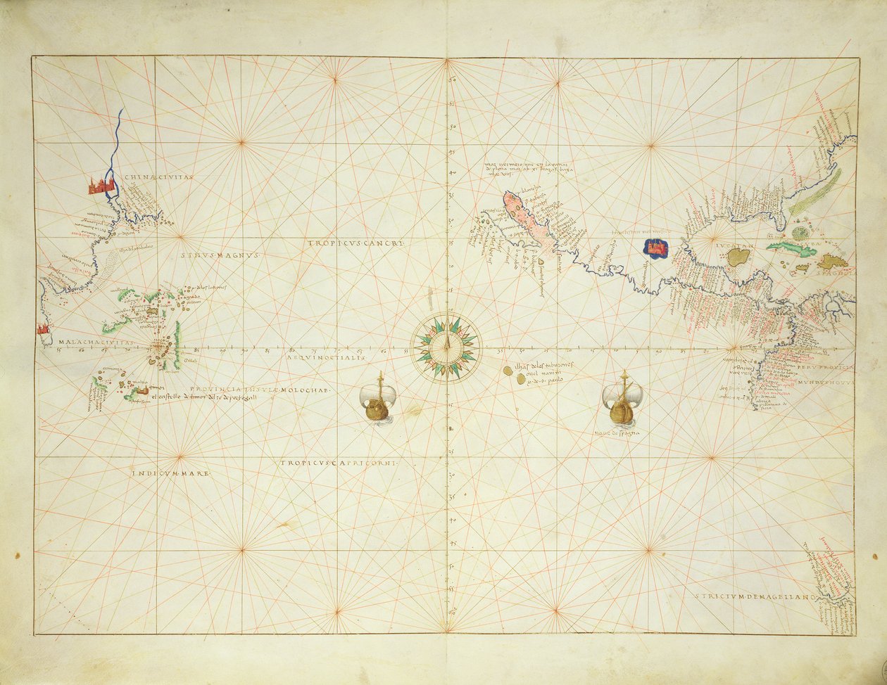 De Stille Oceaan, uit een atlas van de wereld in 33 kaarten, Venetië, 1 september 1553 door Battista Agnese