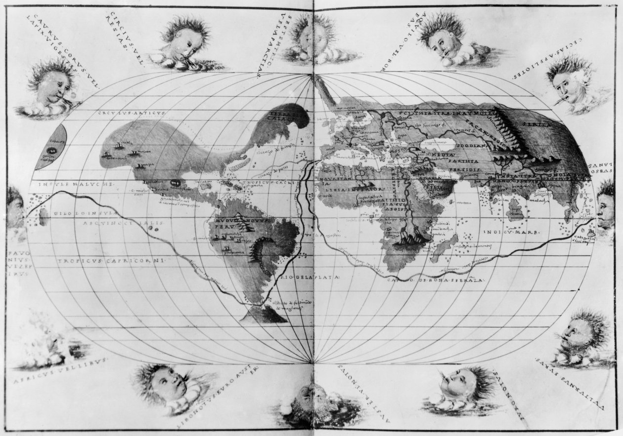 Wereldkaart die de wereldreis van Magellan volgt, uit de 