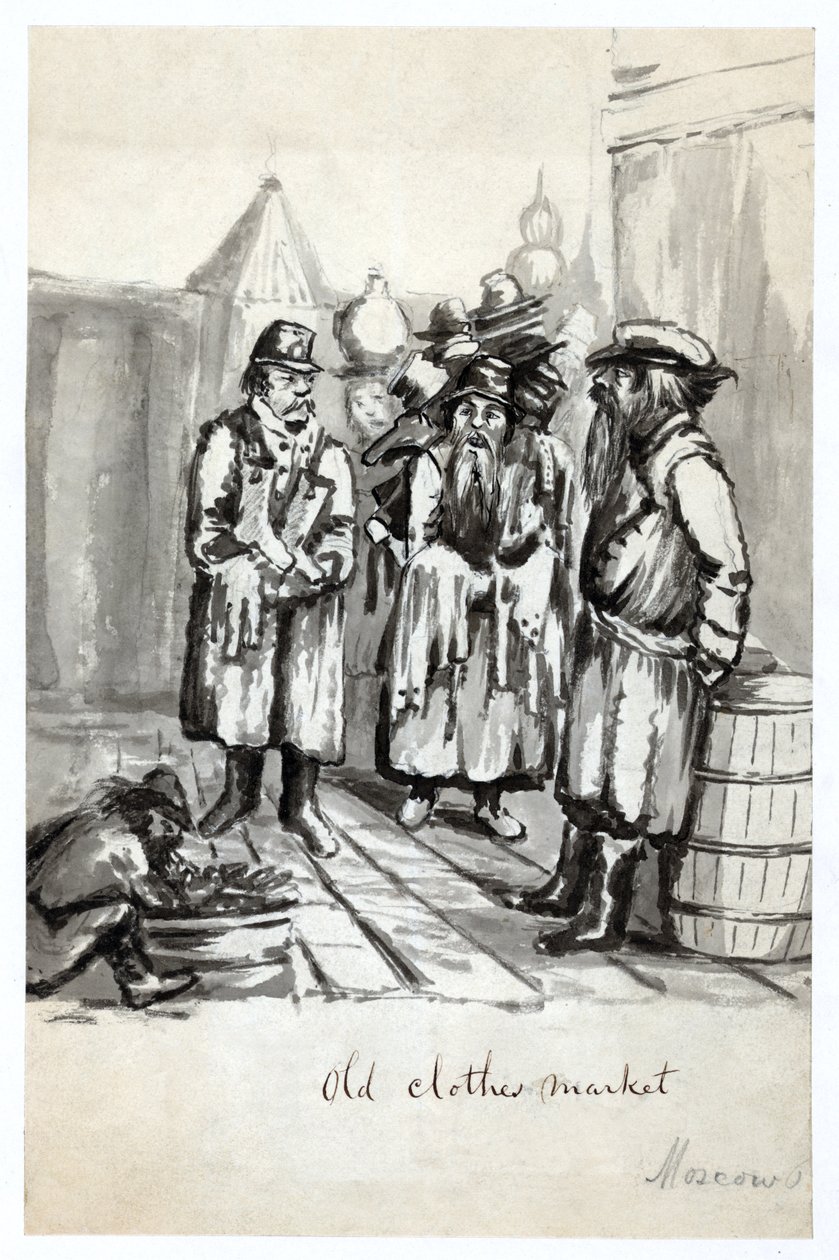 Oude kledingmarkt, Moskou, gepubliceerd c.1862 door Bayard Taylor