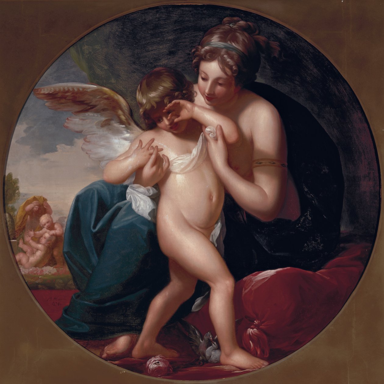 Cupido, gestoken door een bij, wordt gekoesterd door zijn moeder, 1774 door Benjamin West