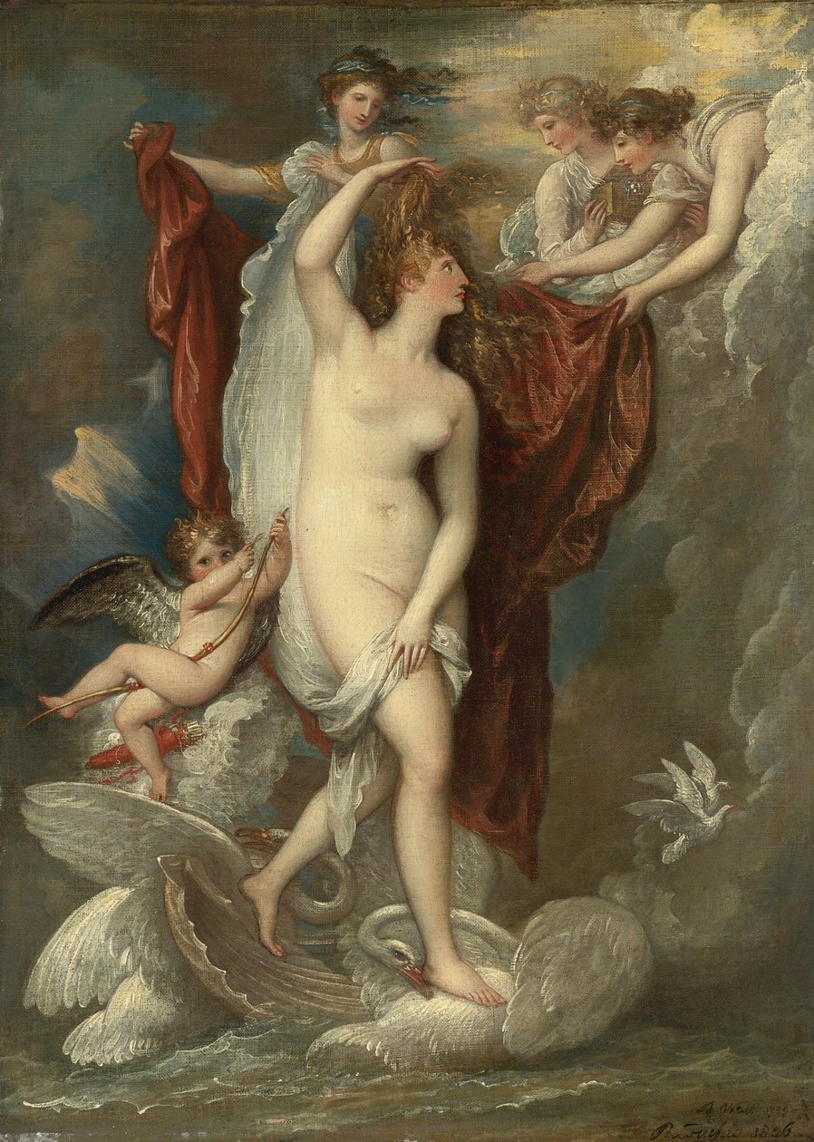 Venus bij haar geboorte aangekleed door de drie gratiën door Benjamin West