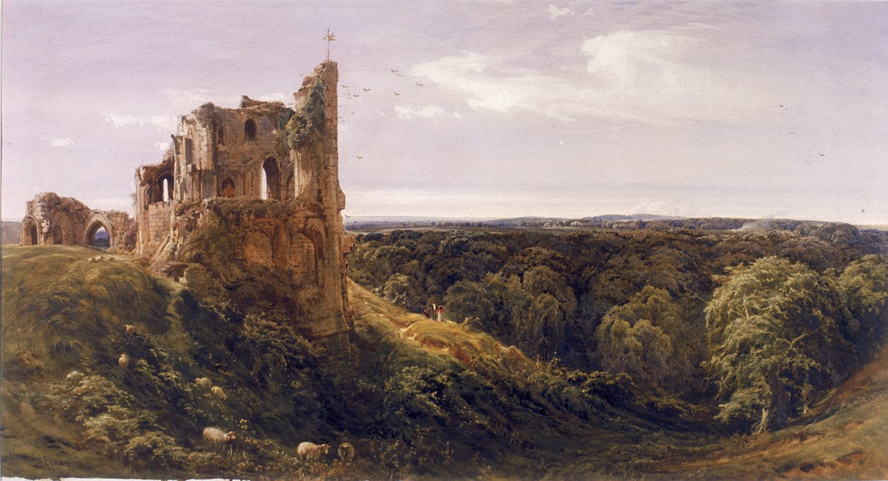 Vervallen kasteel in een landschap (Knaresborough Castle) door Bernard Walter Evans