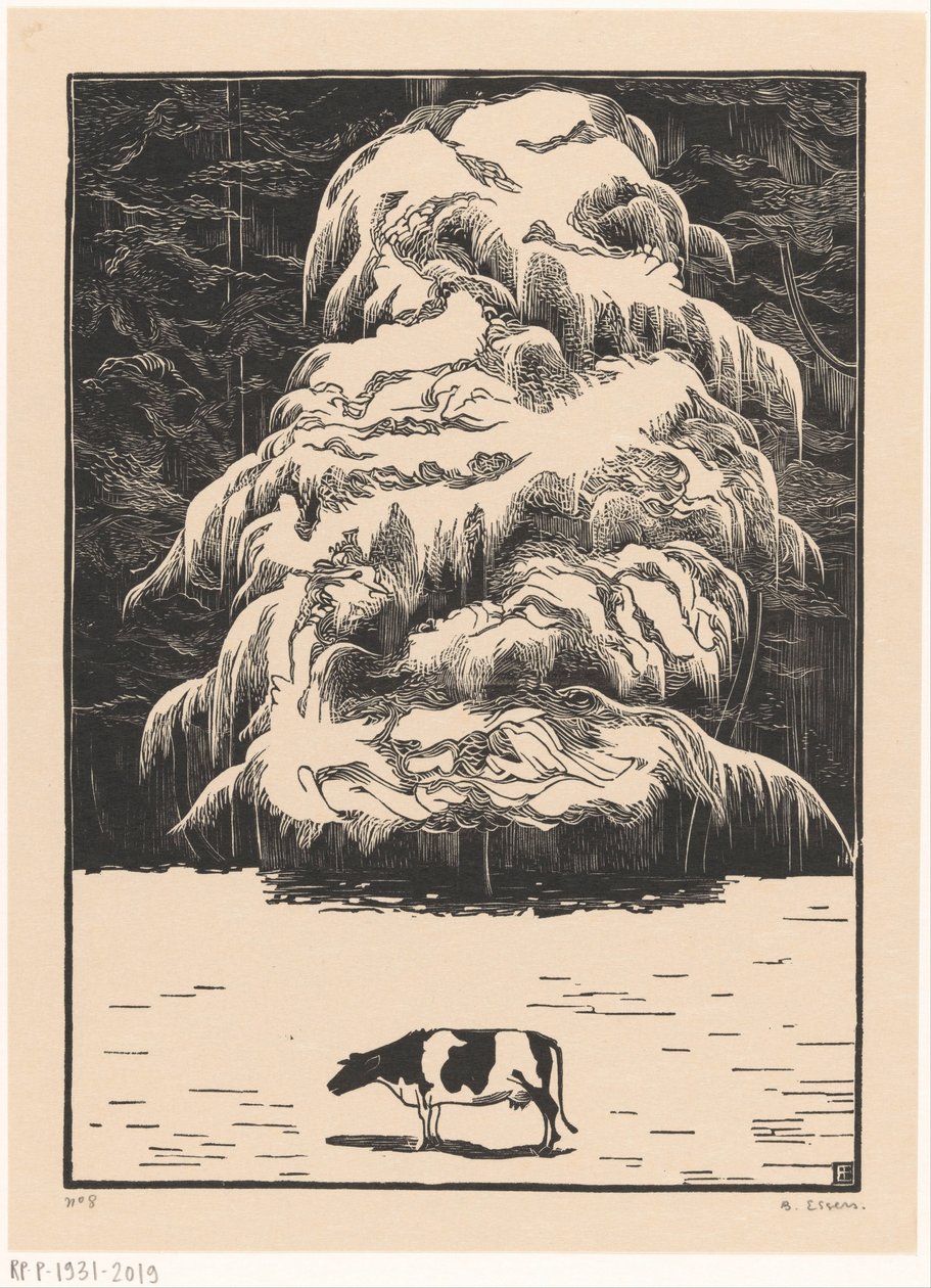 Koe bij een lariks door Bernard Essers (signed by artist)