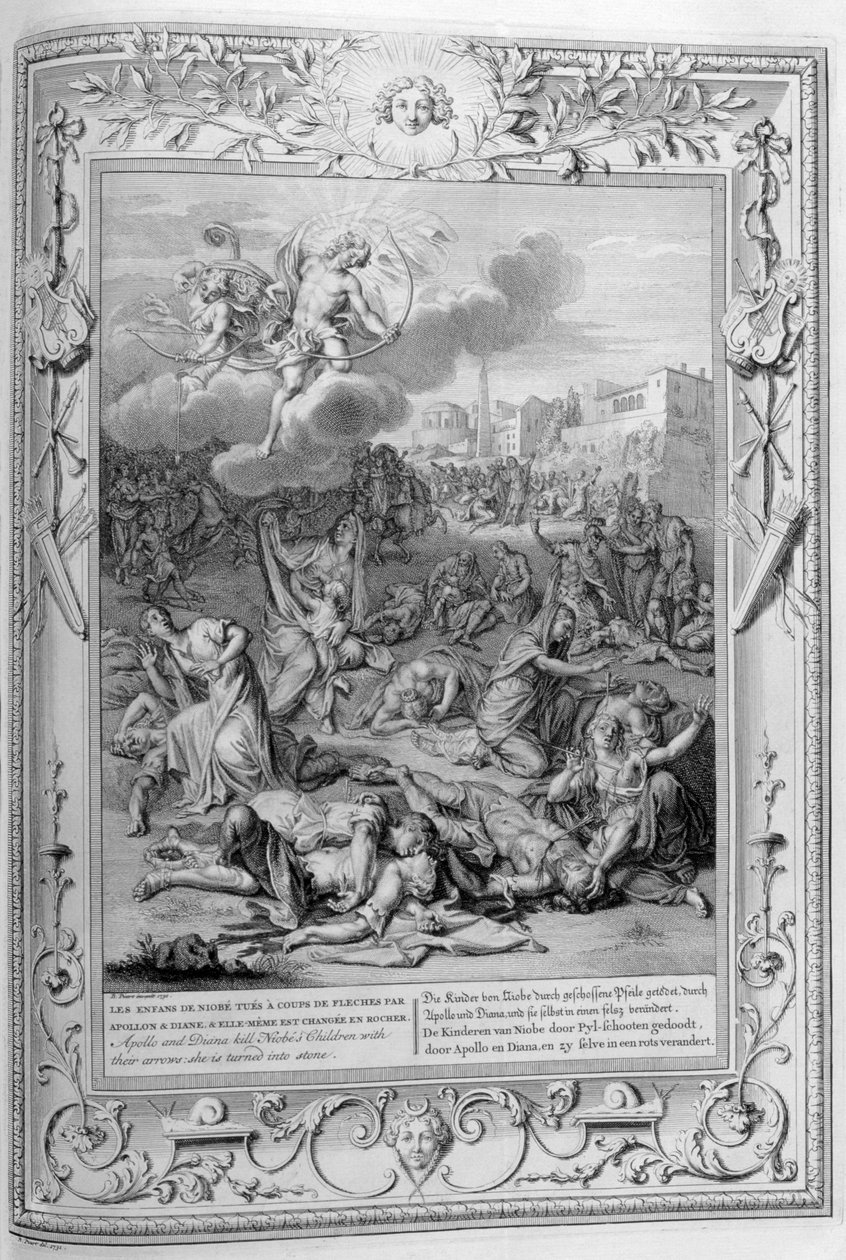 Niobe en haar gedode kinderen (gravure) door Bernard Picart