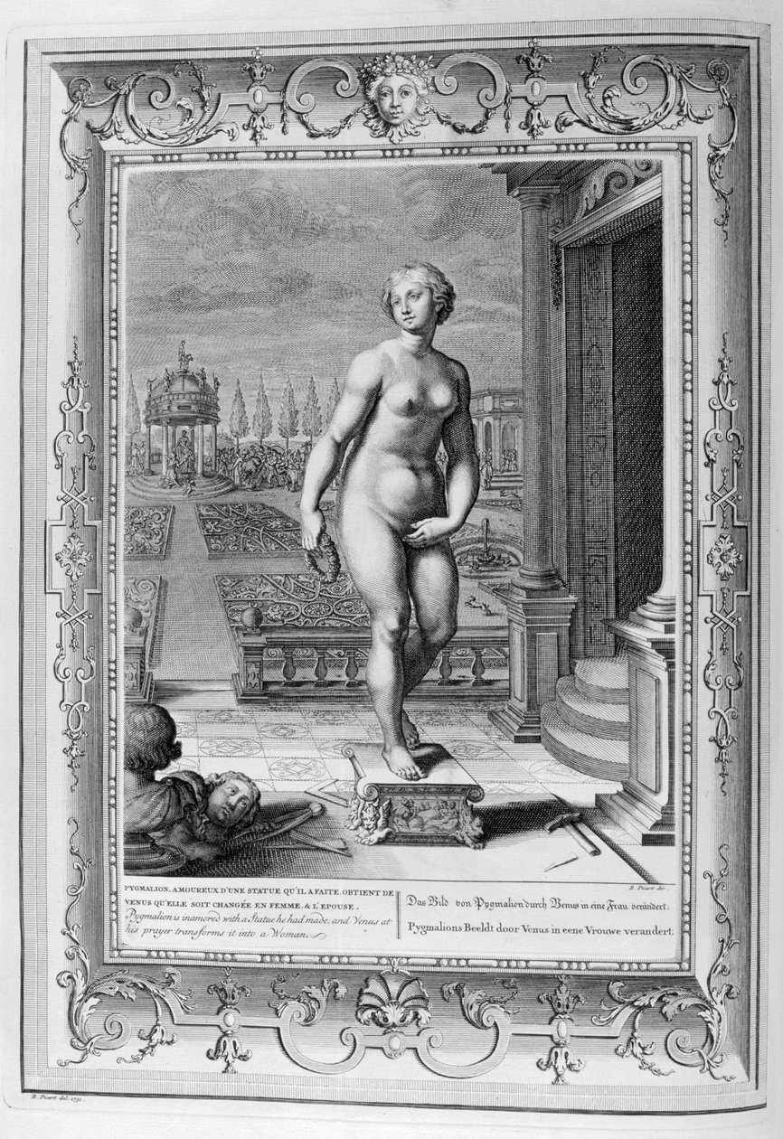 Het beeldhouwwerk van Pygmalion (gravure) door Bernard Picart