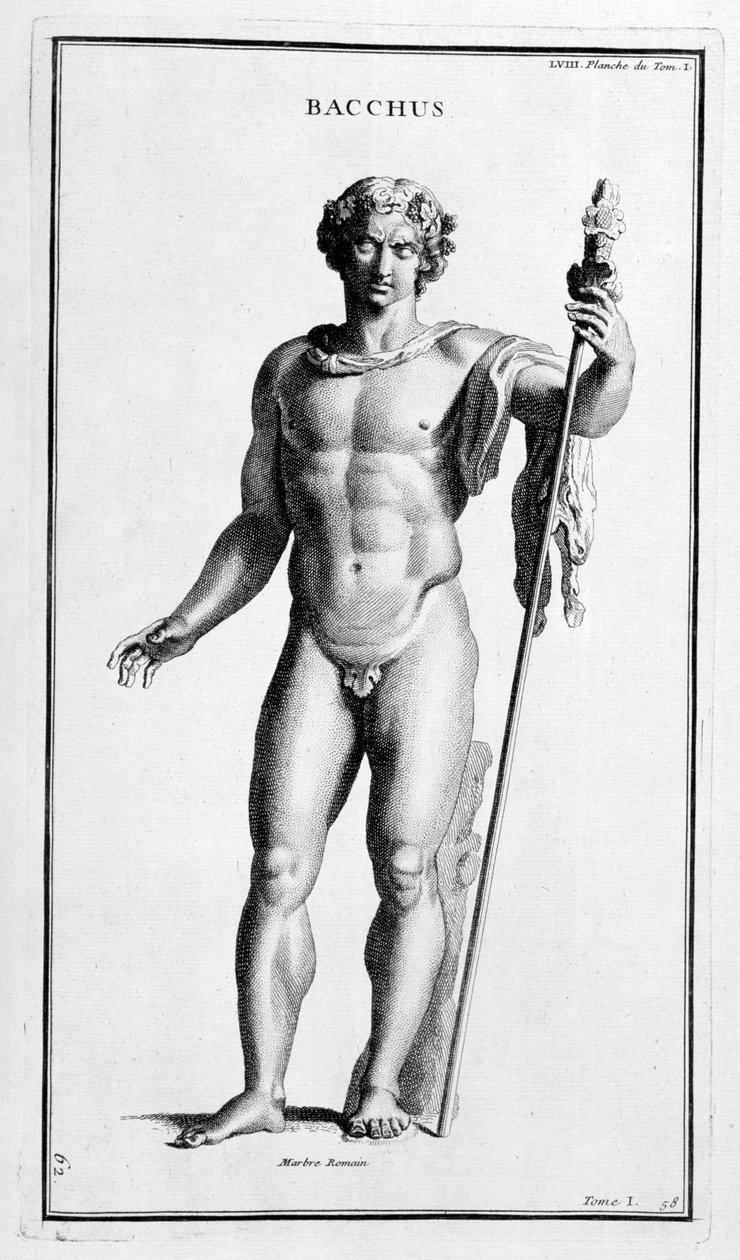 Bacchus, naar een Romeins standbeeld door Bernard de Montfaucon