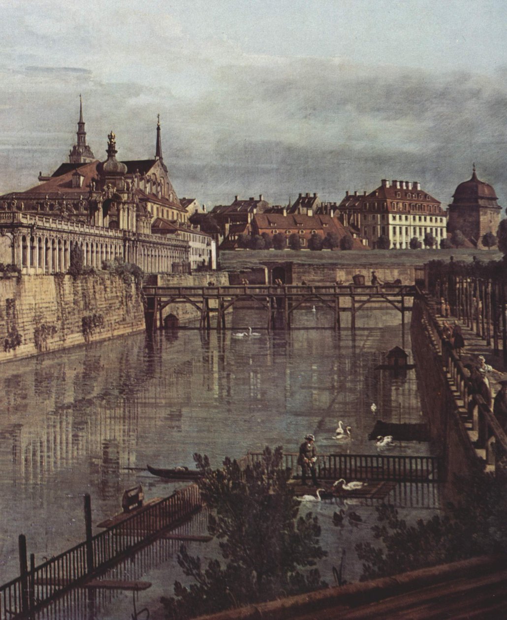 Gezicht op Dresden, de oude watergracht van de Zwinger, gezien vanuit de Orangerie richting stad door Bernardo Bellotto