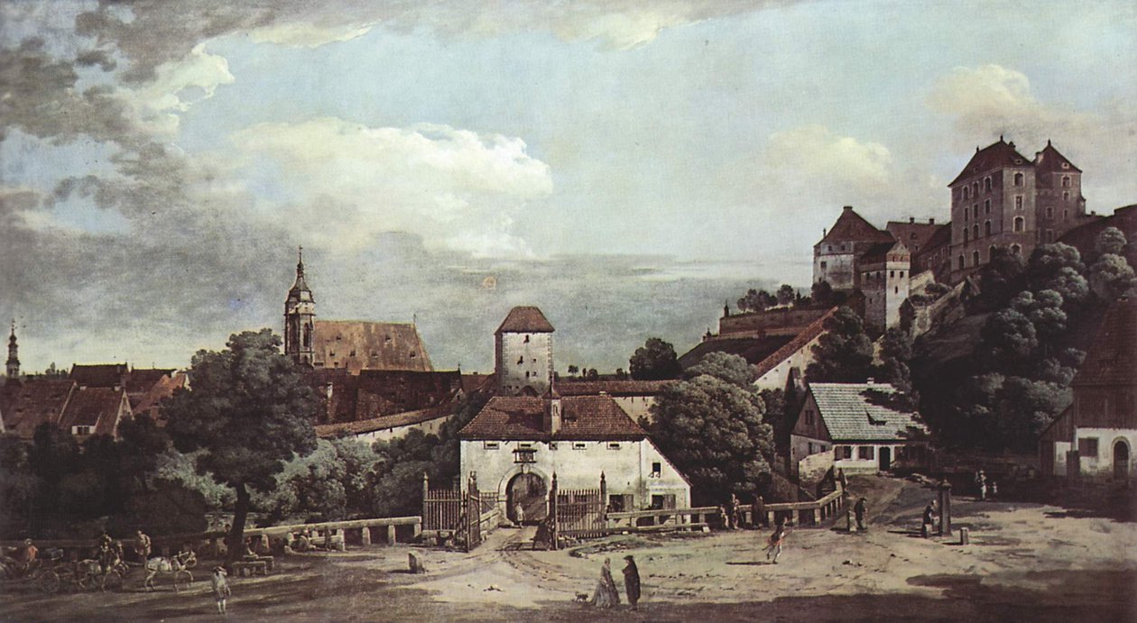 Pirna gezien vanaf de zuidzijde, met vestingwerken en Obertor door Bernardo Bellotto