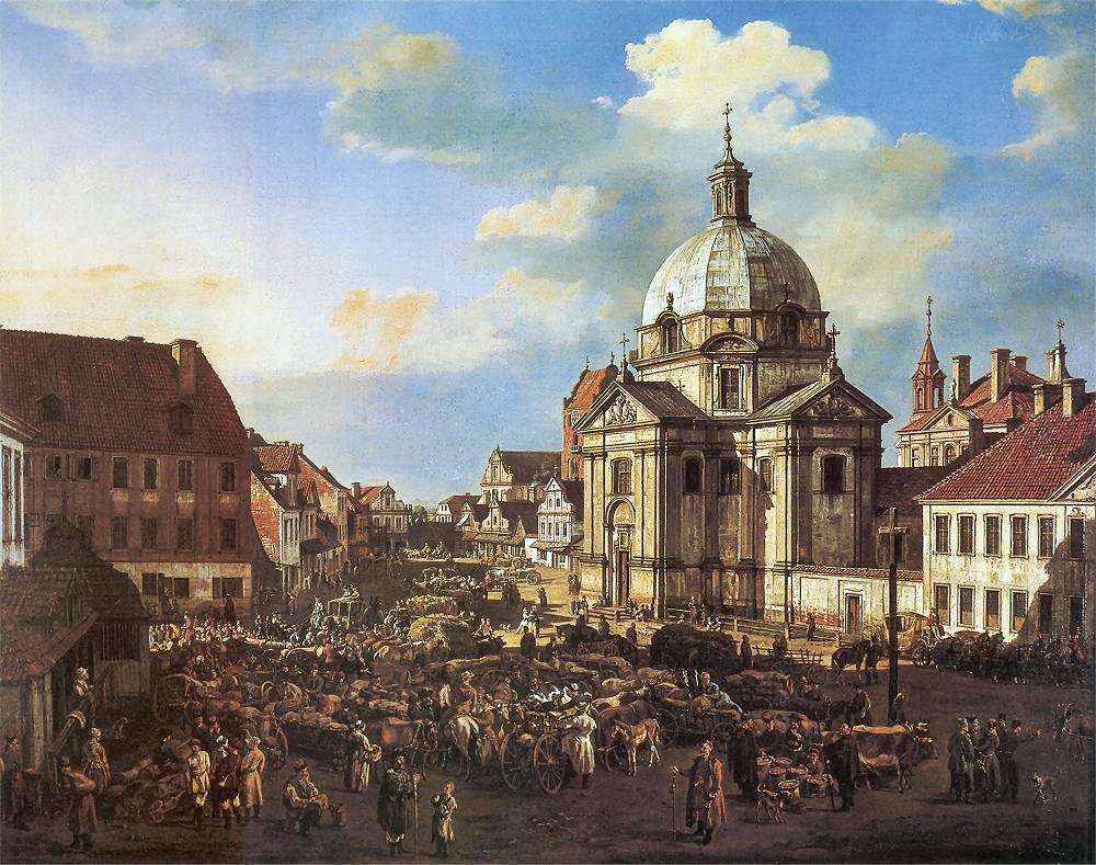 Het Nieuwe Marktplein met de St. Kazimierzkerk door Bernardo Bellotto