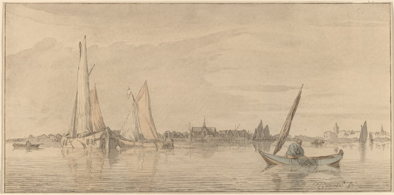 Rivier met stad, 1775 door Bernhard Schreuder