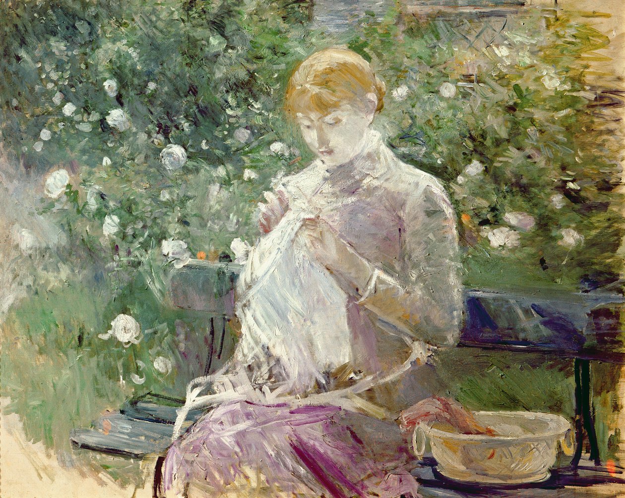 Pasie naait in de tuin van Bougival, 1881 door Berthe Morisot