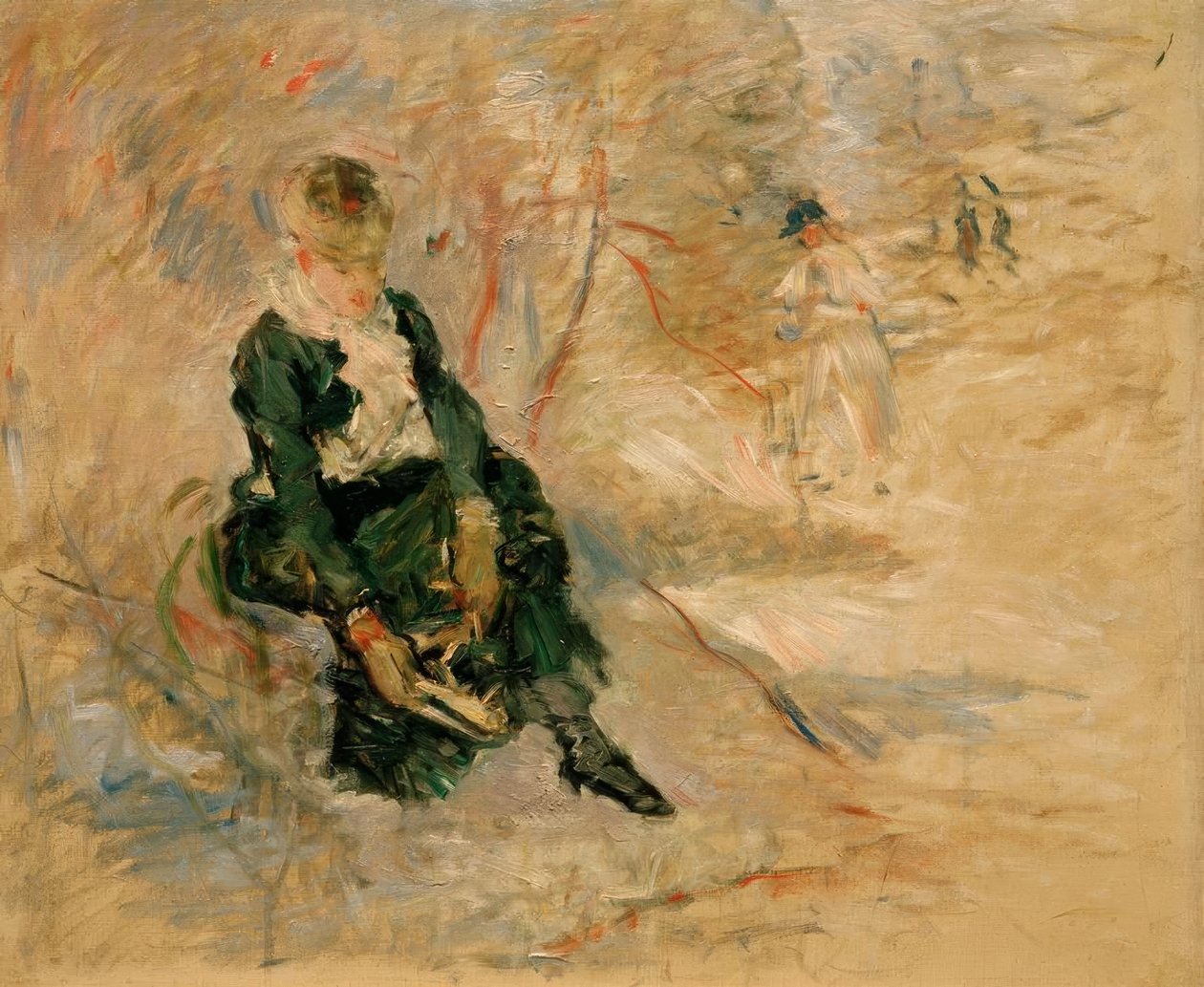 Jonge vrouw die haar schaats aandoet door Berthe Morisot