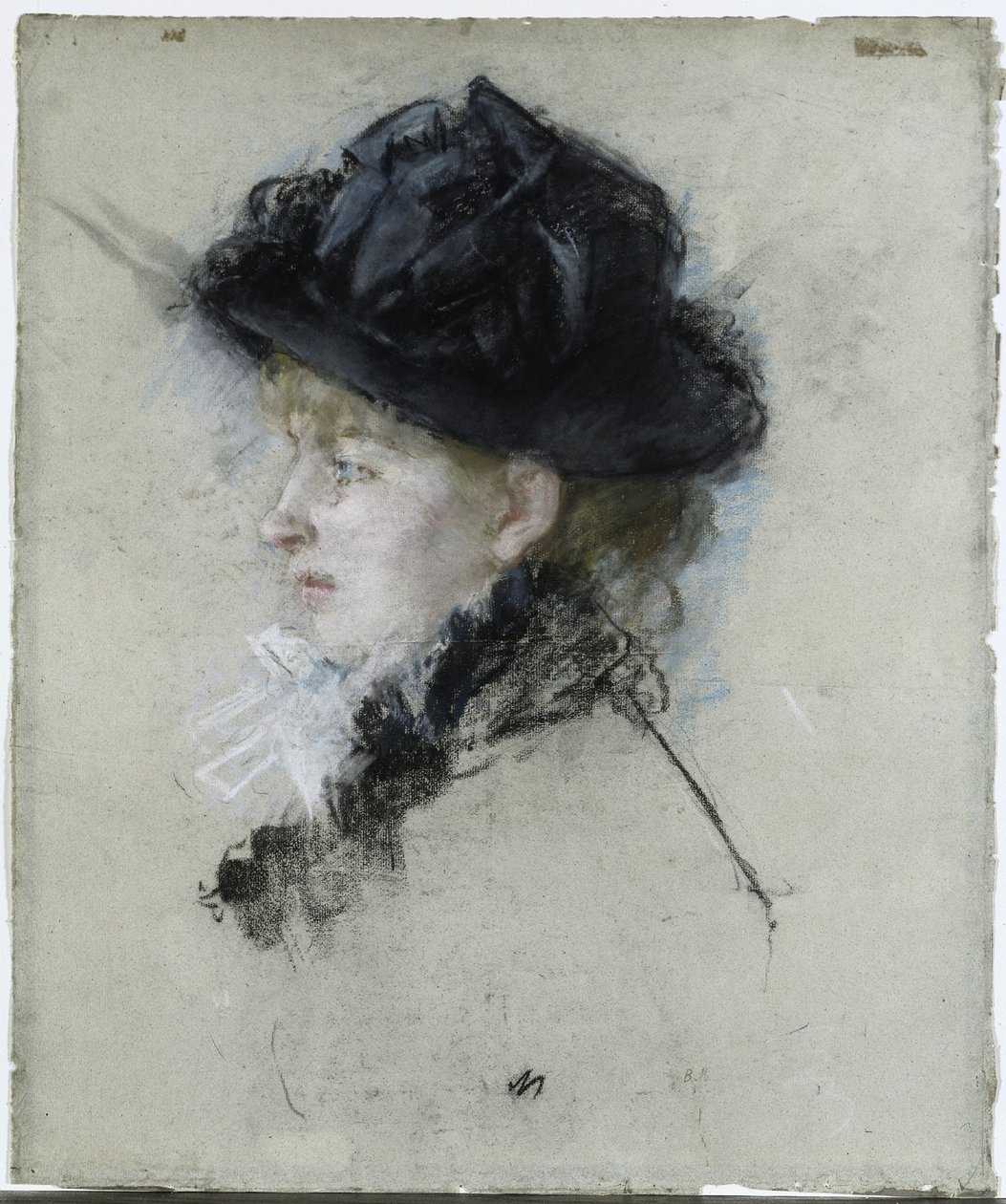 Mademoiselle Louise Riesener met een hoed door Berthe Morisot