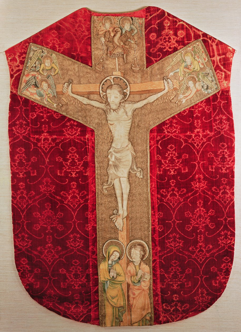 Geborduurde orphrey op Boheemse kazule met afbeelding van de Kruisiging met Maagd en Engelen, late 14e eeuw door Bohemian School