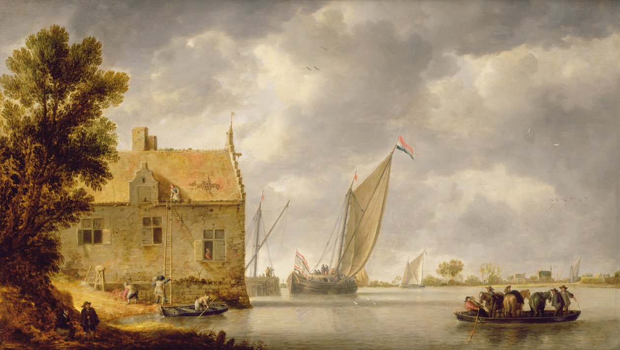 Bouwers repareren een huis bij een rivier door Bonaventura Peeters