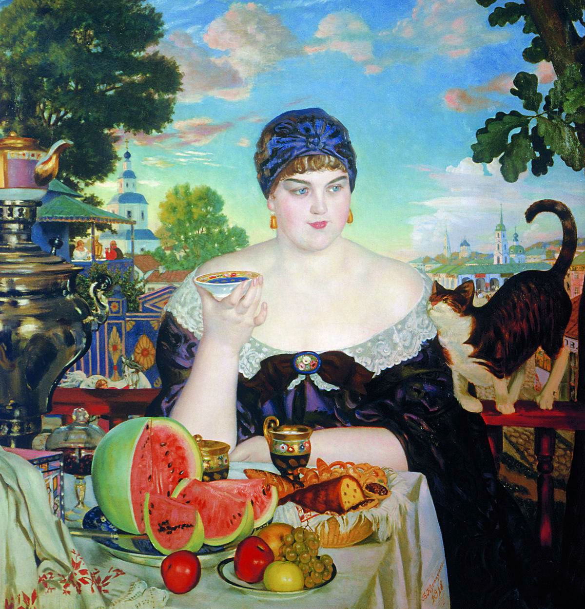 Theetijd van een koopmansvrouw door Boris Mikhailovich Kustodiev